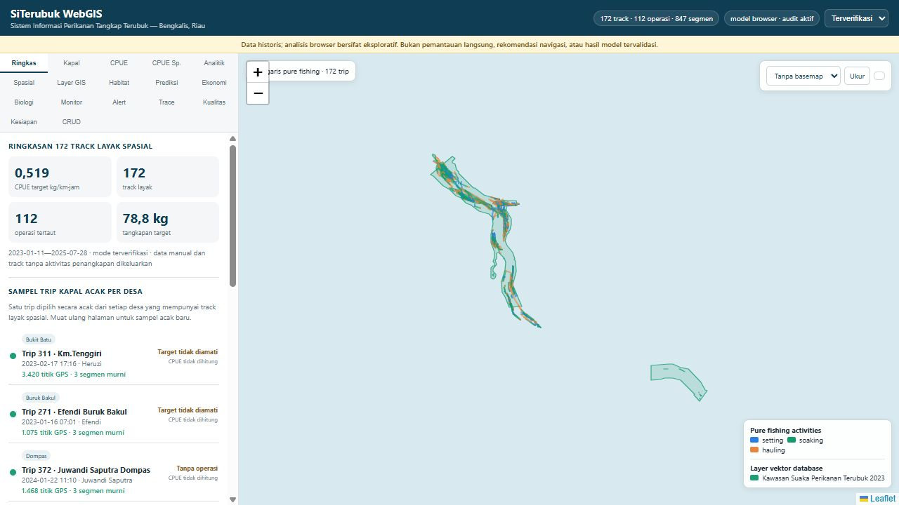 Tampilan aktual WebGIS SiTerubuk dengan panel ringkasan, trek kapal, dan Kawasan SPT 2023